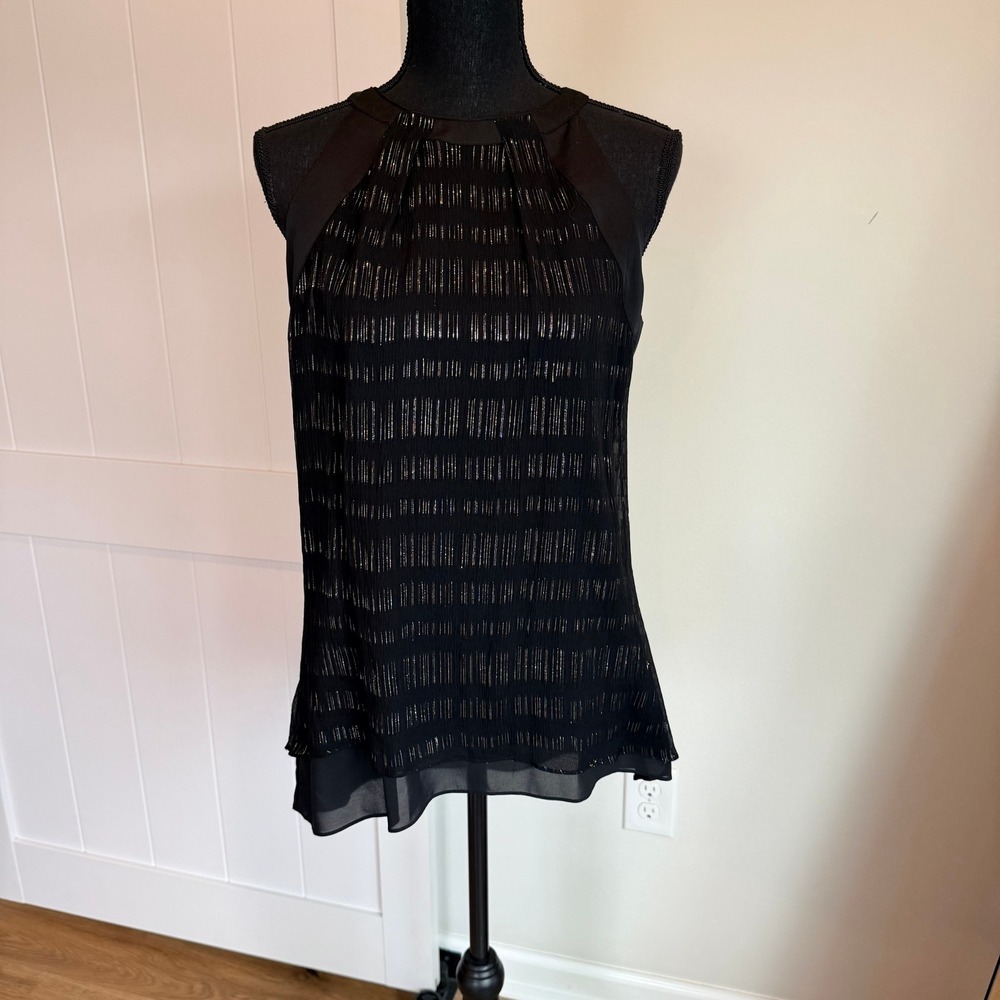 White House Black Market Silk Metallic Sleeveless Top Black Gold Size 8